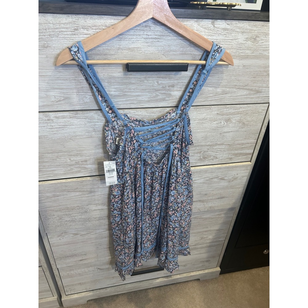 American Eagle Floral Lace Up Back Mini Dress Blue Pink Ditsy Babydoll XS NEW - Picture 5 of 9